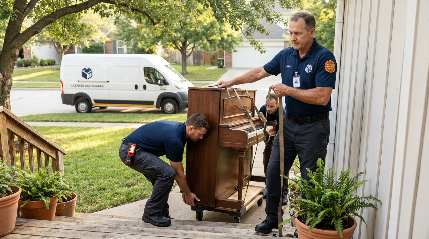 Licensed piano movers securing grand piano in Freeport, IL
