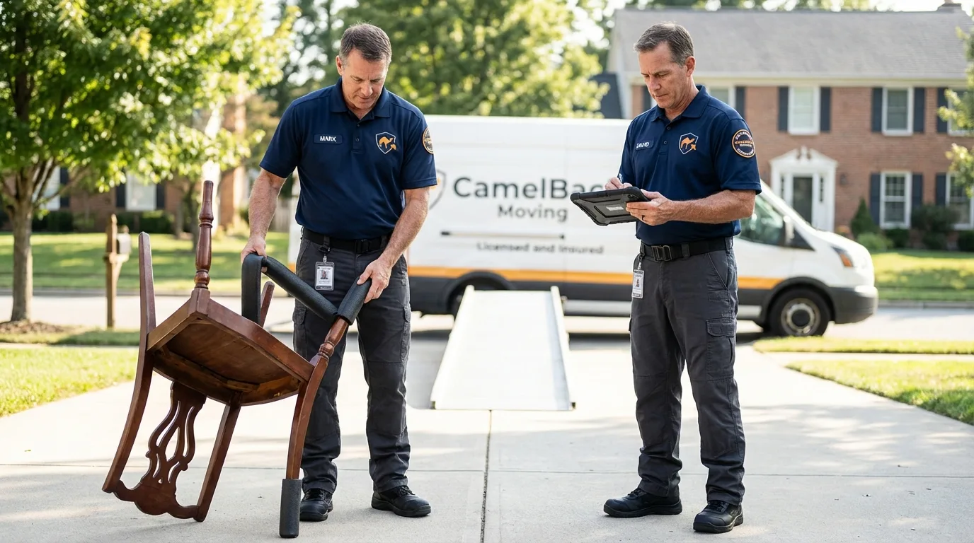Movers inspecting furniture for damage prevention before loading in Freeport, IL